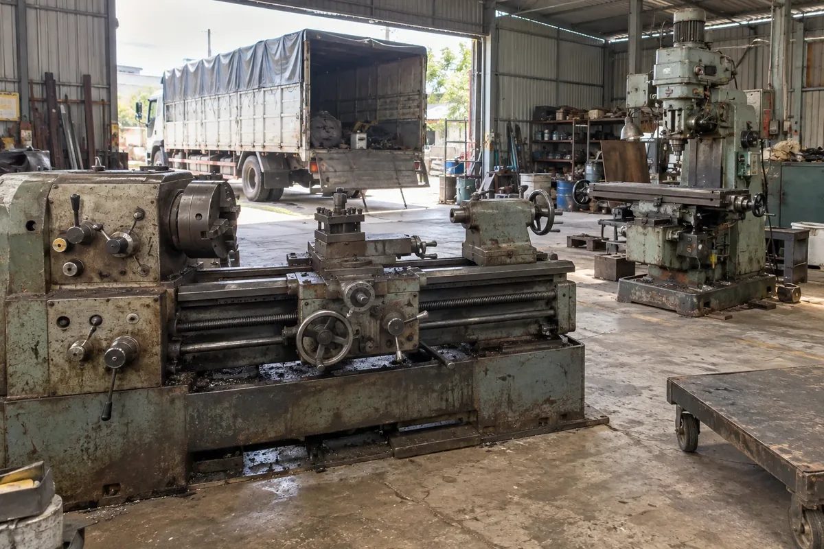 Ảnh minh họa: máy tiện và máy phay cũ trong nhà xưởng, xe tải thùng bạt đỗ gần cửa