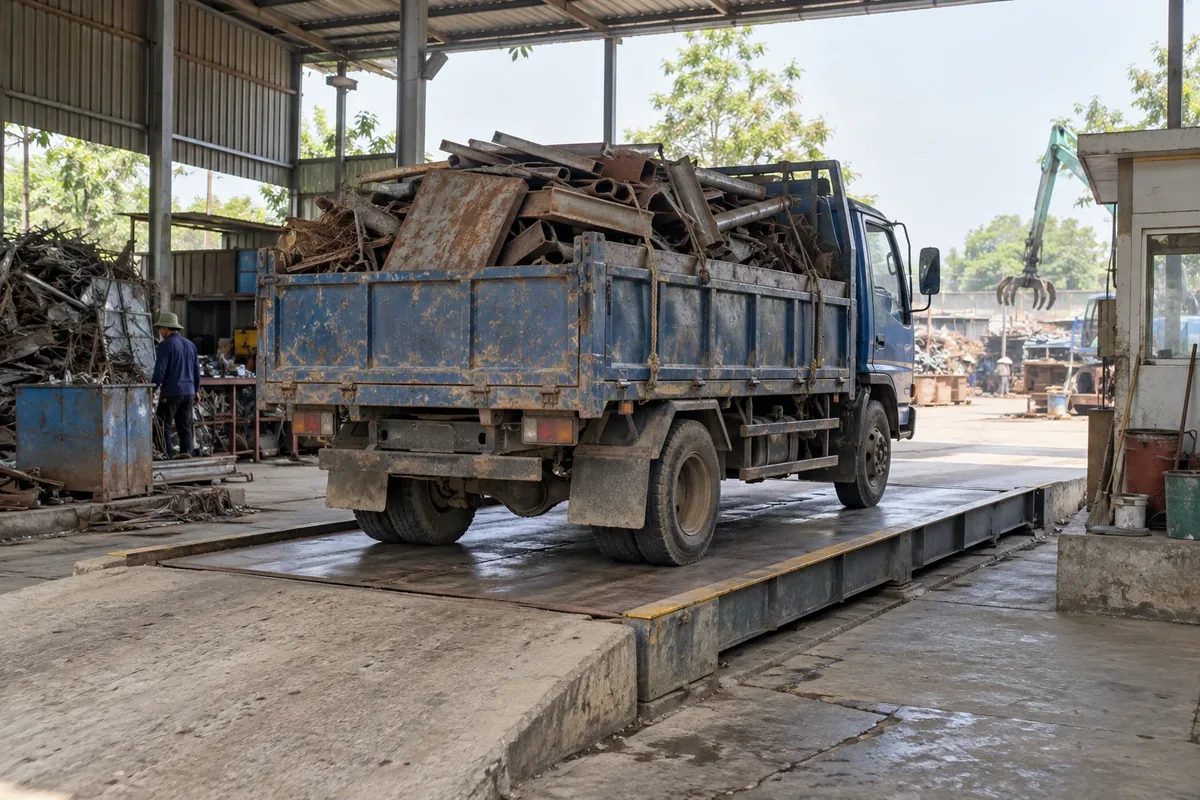 Ảnh minh họa: xe tải chở sắt thép phế liệu đứng trên bàn cân ở bãi thu mua